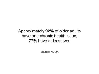 Approximately 92% of older adults
have one chronic health issue,
77% have at least two.
Source: NCOA
 