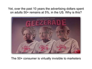 The 50+ consumer is virtually invisible to marketers
Yet, over the past 10 years the advertising dollars spent
on adults 50+ remains at 5%, in the US. Why is this?
 