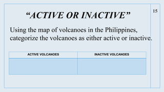 “ACTIVE OR INACTIVE”
15
Using the map of volcanoes in the Philippines,
categorize the volcanoes as either active or inactive.
ACTIVE VOLCANOES INACTIVE VOLCANOES
 