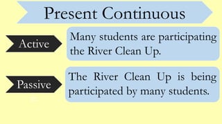 Present Continuous
Active
Passive
=
Many students are participating
the River Clean Up.
The River Clean Up is being
participated by many students.
 