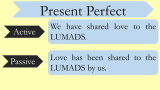 Present Perfect
Active
Passive
We have shared love to the
LUMADS.
Love has been shared to the
LUMADS by us.
 