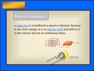 Principles of Electric Circuits - Floyd © Copyright 2006 Prentice-Hall
Passive Components
Mica
Foil
Foil
Mica
Foil
Foil
Mica
Foil
Tantalum electrolytic
capacitor (polarized)
Mica capacitor_
a capacitor is considered as passive element, because
it can store energy in it as electric field and deliver it
to the circuit, but not in continuous basis.
 
