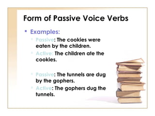 Form of Passive Voice Verbs
 Examples:
   Passive: The cookies were
    eaten by the children.
   Active: The children ...
