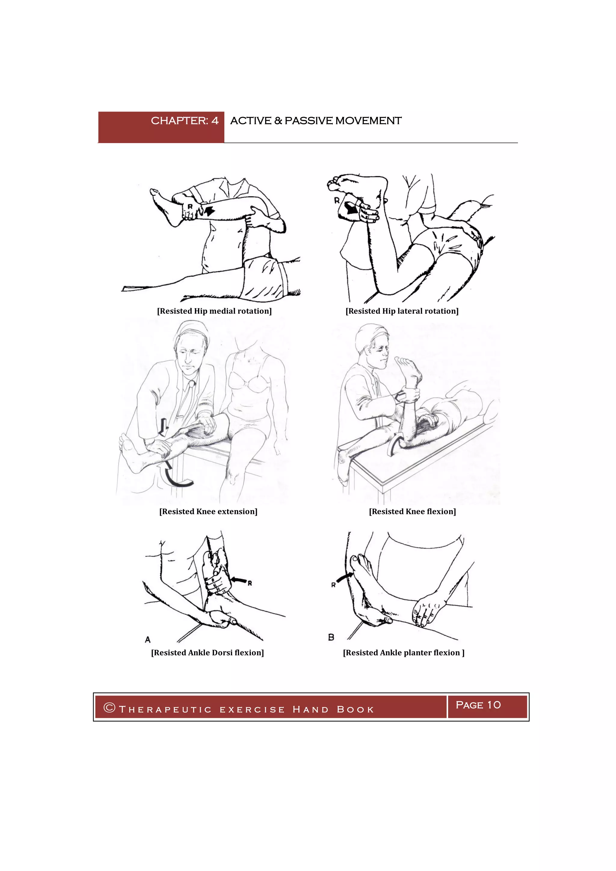 CHAPTER: 4 ACTIVE & PASSIVE MOVEMENT
© T h e r a p e u t i c e x e r c i s e H a n d B o o k Page 10
[Resisted Hip medial rotation] [Resisted Hip lateral rotation]
[Resisted Knee extension] [Resisted Knee flexion]
[Resisted Ankle Dorsi flexion] [Resisted Ankle planter flexion ]
 