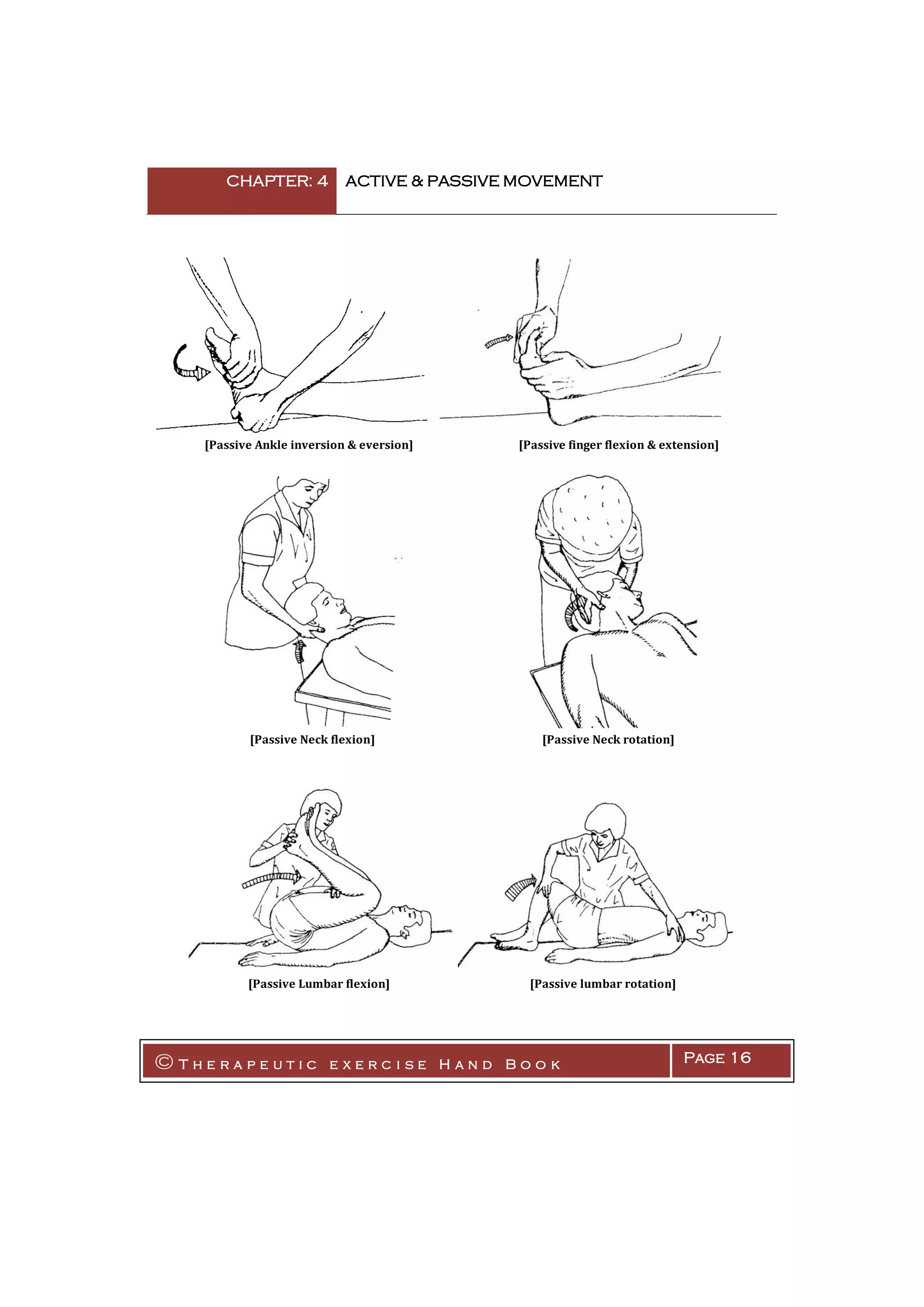 CHAPTER: 4 ACTIVE & PASSIVE MOVEMENT
© T h e r a p e u t i c e x e r c i s e H a n d B o o k Page 16
[Passive Ankle inversion & eversion] [Passive finger flexion & extension]
[Passive Neck flexion] [Passive Neck rotation]
[Passive Lumbar flexion] [Passive lumbar rotation]
 