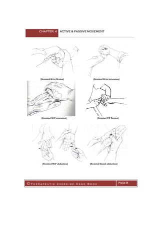 CHAPTER: 4 ACTIVE & PASSIVE MOVEMENT
© T h e r a p e u t i c e x e r c i s e H a n d B o o k Page 8
[Resisted Wrist flexion] [Resisted Wrist extension]
[Resisted MCP extension] [Resisted PIP flexion]
[Resisted MCP abduction] [Resisted thumb abduction]
 