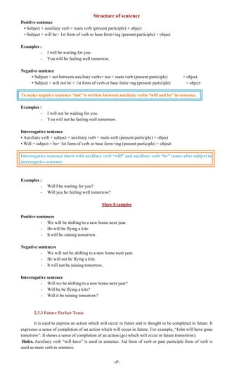 ~ 17 ~
Structure of sentence
Positive sentence
• Subject + auxiliary verb + main verb (present participle) + object
• Subject + will be+ 1st form of verb or base form+ing (present participle) + object
Examples :
- I will be waiting for you.
- You will be feeling well tomorrow.
Negative sentence
• Subject + not between auxiliary verbs+ not + main verb (present participle) + object
• Subject + will not be + 1st form of verb or base form+ing (present participle) + object
To make negative sentence “not” is written between auxiliary verbs “will and be” in sentence.
Examples :
- I will not be waiting for you.
- You will not be feeling well tomorrow.
Interrogative sentence
• Auxiliary verb + subject + auxiliary verb + main verb (present participle) + object
• Will + subject + be+ 1st form of verb or base form+ing (present participle) + object
Interrogative sentence starts with auxiliary verb “will” and auxiliary verb “be” comes after subject in
interrogative sentence
Examples :
- Will I be waiting for you?
- Will you be feeling well tomorrow?
More Examples
Positive sentences
- We will be shifting to a new home next year.
- He will be flying a kite.
- It will be raining tomorrow.
Negative sentences
- We will not be shifting to a new home next year.
- He will not be flying a kite.
- It will not be raining tomorrow.
Interrogative sentence
- Will we be shifting to a new home next year?
- Will he be flying a kite?
- Will it be raining tomorrow?
2.3.3 Future Perfect Tense
It is used to express an action which will occur in future and is thought to be completed in future. It
expresses a sense of completion of an action which will occur in future. For example, “John will have gone
tomorrow”. It shows a sense of completion of an action (go) which will occur in future (tomorrow).
Rules. Auxiliary verb “will have” is used in sentence. 3rd form of verb or past participle form of verb is
used as main verb in sentence.
 