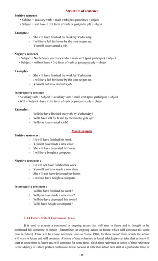 ~ 18 ~
Structure of sentence
Positive sentence
• Subject + auxiliary verb + main verb (past participle) + object
• Subject + will have + 3rd form of verb or past participle + object
Examples :
- She will have finished the work by Wednesday.
- I will have left for home by the time he gets up.
- You will have started a job.
Negative sentence
• Subject + Not between auxiliary verbs + main verb (past participle) + object
• Subject + will not have + 3rd form of verb or past participle + object
Examples :
- She will have finished the work by Wednesday.
- I will have left for home by the time he gets up.
- You will not have started a job.
Interrogative sentence
• Auxiliary verb + Subject + auxiliary verb + main verb (past participle) + object
• Will + Subject +have + 3rd form of verb or past participle + object
Examples :
- Will she have finished the work by Wednesday?
- Will I have left for home by the time he gets up?
- Will you have started a job?
More Examples
Positive sentences :
- He will have finished his work.
- You will have made a new chair.
- She will have decorated her home.
- I will have bought a computer.
Negative sentences :
- He will not have finished his work.
- You will not have made a new chair.
- She will not have decorated her home.
- I will not have bought a computer.
Interrogative sentences :
- Will he have finished his work?
- Will you have made a new chair?
- Will she have decorated her home?
- Will I have bought a computer?
2.3.4 Future Perfect Continuous Tense
It is used to express a continued or ongoing action that will start in future and is thought to be
continued till sometime in future. (Remember, an ongoing action in future which will continue till some
time in future). There will be a time reference, such as “since 1980, for three hours” from which the action
will start in future and will continue. A sense of time reference is found which gives an idea that action will
start at some time in future and will continue for some time. Such time reference or sense of time reference
is the identity of Future perfect continuous tense because it tells that action will start at a particular time in
 