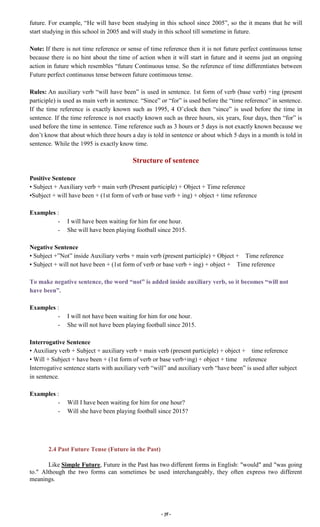 ~ 19 ~
future. For example, “He will have been studying in this school since 2005”, so the it means that he will
start studying in this school in 2005 and will study in this school till sometime in future.
Note: If there is not time reference or sense of time reference then it is not future perfect continuous tense
because there is no hint about the time of action when it will start in future and it seems just an ongoing
action in future which resembles “future Continuous tense. So the reference of time differentiates between
Future perfect continuous tense between future continuous tense.
Rules: An auxiliary verb “will have been” is used in sentence. 1st form of verb (base verb) +ing (present
participle) is used as main verb in sentence. “Since” or “for” is used before the “time reference” in sentence.
If the time reference is exactly known such as 1995, 4 O’clock then “since” is used before the time in
sentence. If the time reference is not exactly known such as three hours, six years, four days, then “for” is
used before the time in sentence. Time reference such as 3 hours or 5 days is not exactly known because we
don’t know that about which three hours a day is told in sentence or about which 5 days in a month is told in
sentence. While the 1995 is exactly know time.
Structure of sentence
Positive Sentence
• Subject + Auxiliary verb + main verb (Present participle) + Object + Time reference
•Subject + will have been + (1st form of verb or base verb + ing) + object + time reference
Examples :
- I will have been waiting for him for one hour.
- She will have been playing football since 2015.
Negative Sentence
• Subject +”Not” inside Auxiliary verbs + main verb (present participle) + Object + Time reference
• Subject + will not have been + (1st form of verb or base verb + ing) + object + Time reference
To make negative sentence, the word “not” is added inside auxiliary verb, so it becomes “will not
have been”.
Examples :
- I will not have been waiting for him for one hour.
- She will not have been playing football since 2015.
Interrogative Sentence
• Auxiliary verb + Subject + auxiliary verb + main verb (present participle) + object + time reference
• Will + Subject + have been + (1st form of verb or base verb+ing) + object + time reference
Interrogative sentence starts with auxiliary verb “will” and auxiliary verb “have been” is used after subject
in sentence.
Examples :
- Will I have been waiting for him for one hour?
- Will she have been playing football since 2015?
2.4 Past Future Tense (Future in the Past)
Like Simple Future, Future in the Past has two different forms in English: "would" and "was going
to." Although the two forms can sometimes be used interchangeably, they often express two different
meanings.
 