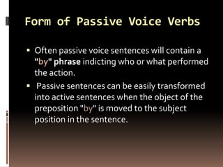 Form of Passive Voice Verbs

 Examples:
   Passive: The cookies were eaten by the children.
   Active: The children ate...