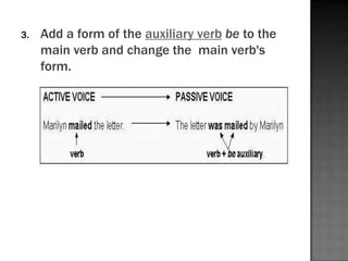 3.   Add a form of the auxiliary verb be to the
     main verb and change the main verb's
     form.
 