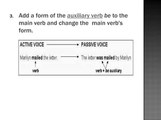 2.   Remove the auxiliary verb be from the
     main verb and change main verb's form if
     needed.
 