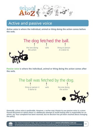 Active and passive voice
Active voice is where the individual, animal or thing doing the action comes before
the verb.



                           The dog fetched the ball.
                                the one doing                        verb                    thing or person
                                  the action                                                   it is done to




Passive voice is where the individual, animal or thing doing the action comes after
the verb.



                 The ball was fetched by the dog.
                             thing or person it                      verb                     the one doing
                                 is done to                                                     the action




Generally, active voice is preferable. However, a writer may choose to use passive voice in a more
formal document or where there is a deliberate attempt to avoid stating who is responsible for an
action, eg: Your complaint has been received, but no decision has yet been reached about changing
the policy.


          For more homework help, tips and info sheets go to www.schoolatoz.com.au
          © Owned by State of NSW through the Department of Education and Communities 2011. This work may be freely reproduced and distributed   1/1
          for non-commercial educational purposes only. Permission must be received from the department for all other uses.
 