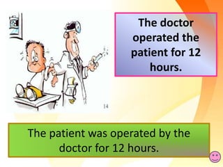 The patient was operated by the
doctor for 12 hours.
The doctor
operated the
patient for 12
hours.
 