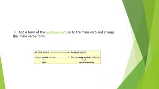 3. Add a form of the auxiliary verb be to the main verb and change
the main verb's form
 