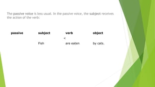 The passive voice is less usual. In the passive voice, the subject receives
the action of the verb:
passive subject verb object
<
Fish are eaten by cats.
 