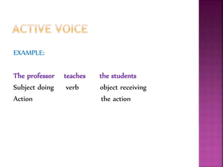 EXAMPLE:
The professor teaches the students
Subject doing verb object receiving
Action the action
 