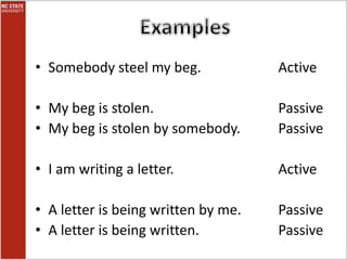 • Somebody steel my beg. Active
• My beg is stolen. Passive
• My beg is stolen by somebody. Passive
• I am writing a letter. Active
• A letter is being written by me. Passive
• A letter is being written. Passive