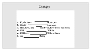 Changes
a. V1, do, does is, am,are
b. V2,did was were
c. Has, have, had has been, have been, had been
d. Will Will be
e. Will have Will have been
f. ing Being
 