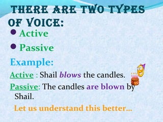 There are Two Types
of Voice:
Active
Passive
Example:
Active : Shail blows the candles.
Passive: The candles are blown by
Shail.
Let us understand this better…
 