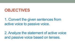 OBJECTIVES
1. Convert the given sentences from
active voice to passive voice.
2. Analyze the statement of active voice
and passive voice based on tenses.
 