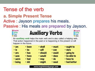 Tense of the verb
a. Simple Present Tense
Active : Jayson prepares his meals.
Passive : His meals are prepared by Jayson.
 
