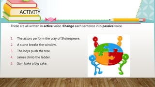 ACTIVITY
These are all written in active voice. Change each sentence into passive voice.
1. The actors perform the play of...