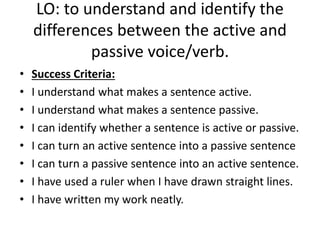 LO: to understand and identify the
differences between the active and
passive voice/verb.
• Success Criteria:
• I understand what makes a sentence active.
• I understand what makes a sentence passive.
• I can identify whether a sentence is active or passive.
• I can turn an active sentence into a passive sentence
• I can turn a passive sentence into an active sentence.
• I have used a ruler when I have drawn straight lines.
• I have written my work neatly.
 