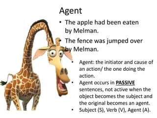Agent
• The apple had been eaten
by Melman.
• The fence was jumped over
by Melman.
• Agent: the initiator and cause of
an action/ the one doing the
action.
• Agent occurs in PASSIVE
sentences, not active when the
object becomes the subject and
the original becomes an agent.
• Subject (S), Verb (V), Agent (A).
 