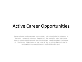 Active Career Opportunities While these are the active career opportunities I am currently working  on behalf of my clients, I am always looking to network with the “A Players” in the Mechanical Services and Automated Building Controls Industries.  Please feel free to contact me for a confidential conversation on how I may be able to assist you with uncovering career advancement opportunities (ehale@theraygrp.com). 