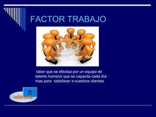 FACTOR TRABAJO




 labor que se efectúa por un equipo de
talento humano que se capacita cada día
mas para satisfacer a nuestros clientes
 
