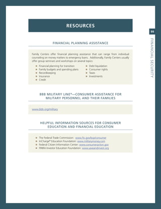 resourCes
                                                                                          99




                                                                                       fiNaNCiaL.SeCurity
                  fiNaNCiaL.PLaNNiNG.aSSiStaNCe


Family centers offer financial planning assistance that can range from individual
counseling on money matters to emergency loans. additionally, Family centers usually
offer group seminars and workshops on several topics:
   »   Financial planning for transition      »   Debt liquidation
   »   Family budgets and spending plans      »   consumer rights
   »   recordkeeping                          »   Taxes
   »   insurance                              »   investments
   »   credit




       BBB.MiLitary.LiNe ®—CoNSuMer.aSSiStaNCe.for.
          MiLitary.PerSoNNeL.aNd.their.faMiLieS


www.bbb.org/military



       heLPfuL.iNforMatioN.SourCeS.for.CoNSuMer.
           eduCatioN.aNd.fiNaNCiaL.eduCatioN


   »   The Federal Trade commission: www.ftc.gov/bcp/consumer
   »   incharge® education Foundation: www.militarymoney.com
   »   Federal citizen information center: www.consumeraction.gov
   »   Finra investor education Foundation: www.saveandinvest.org
 
