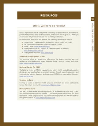resourCes
                                                                                           120




                                                                                           heaLth.aNd.WeLL.BeiNG
                    StreSS:.Where.to.Go.for.heLP


various agencies on and off base provide counseling for personal issues, marital issues,
parent-child conflicts, stress-related concerns, and alcohol and drug abuse. While you
are on active duty, these services are free on military installations.
For information, assistance, and referrals, the following resources are helpful:
   » Family center, chaplain’s office, and military mental health care facility
   » The Department of veterans affairs at 1-800-827-1000
   » va vet center: www.vetcenter.va.gov
   » military onesource 24/7 support at 1-800-342-9647; or online at:
     www.militaryonesource.com
   » military Family network: www.emilitary.org

ameriforce.deployment.Guide
This resource offers fact sheets and information for service members and their
families on post-deployment issues, including home, finances, career, and more:
www.ameriforce.net/deployment.

National.Center.for.PtSd
The national center for PTsD is a special center within the va created to advance the
clinical care and social welfare of america’s veterans through research, education, and
training in the science, diagnosis, and treatment of PTsD and stress-related disorders:
www.ncptsd.va.gov.

Courage.to.Care
courage to care is an electronic health campaign for military and civilian professionals
serving the military community: www.usuhs.mil/psy/courage.

Military.oneSource
This free, 24-hour service provided by the DoD, is available to all active duty, guard,
and reserve members and their families. consultants provide information and make
referrals on a wide range of issues. You can reach the program at 1-800-342-9647 or
through the website at www.militaryonesource.com.
 