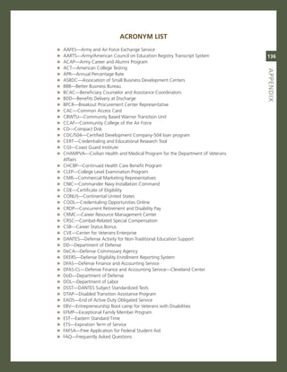 aCronyM lIsT
»   aaFes—army and air Force exchange service
»   aarTs—army/american council on education registry Transcript system          136
»   acaP—army career and alumni Program
»   acT—american college Testing




                                                                                 aPPeNdix
                                                                                 titLe
»   aPr—annual Percentage rate
»   asBDc—association of small Business Development centers
»   BBB—Better Business Bureau
»   Bcac—Beneficiary counselor and assistance coordinators
»   BDD—Benefits Delivery at Discharge
»   BPcr—Breakout Procurement center representative
»   cac—common access card
»   cBWTU—community Based Warrior Transition Unit
»   ccaF—community college of the air Force
»   cD—compact Disk
»   cDc/504—certified Development company-504 loan program
»   cerT—credentialing and educational research Tool
»   cgi—coast guard institute
»   cHamPva—civilian Health and medical Program for the Department of veterans
    affairs
»   cHcBP—continued Health care Benefit Program
»   cLeP—college Level examination Program
»   cmr—commercial marketing representatives
»   cnic—commander navy installation command
»   coe—certificate of eligibility
»   conUs—continental United states
»   cooL—credentialing opportunities online
»   crDP—concurrent retirement and Disability Pay
»   crmc—career resource management center
»   crsc—combat-related special compensation
»   csB—career status Bonus
»   cve—center for veterans enterprise
»   DanTes—Defense activity for non-Traditional education support
»   DD—Department of Defense
»   Deca—Defense commissary agency
»   Deers—Defense eligibility enrollment reporting system
»   DFas—Defense Finance and accounting service
»   DFas-cL—Defense Finance and accounting service—cleveland center
»   DoD—Department of Defense
»   DoL—Department of Labor
»   DssT—DanTes subject standardized Tests
»   DTaP—Disabled Transition assistance Program
»   eaos—end of active Duty obligated service
»   eBv—entrepreneurship Boot camp for veterans with Disabilities
»   eFmP—exceptional Family member Program
»   esT—eastern standard Time
»   eTs—expiration Term of service
»   FaFsa—Free application for Federal student aid
»   FaQ—Frequently asked Questions
 