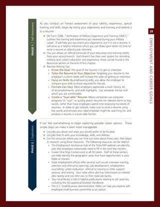 as you conduct an honest assessment of your talents, experience, special


self assessment
                  training and skills, begin by listing your experience and training and extend it
                  to a resume.                                                                                 28
                     » DD Form 2586, “verification of military experience and Training (vmeT),”
                       outlines the training and experience you received during your military




                                                                                                          eMPLoyMeNt.aNd.Career.GoaLS
                       career. it will help you document your experience, but it is not a resume; it
|
Phase 1



                       will serve as a helpful reference which you can draw upon when it’s time to
                       write a resume or attend a job interview.
                     » You can obtain an official transcript of your education and training credits
                       from your service branch. each branch has their own system for recording
                       military (and civilian) education and experience; these can be found in the
                       resources section at the end of this chapter.
                     » resume Writing Tips
                        – Know.the.Goal:.The goal of the resume is to get an interview.
                        – tailor.the.resume.to.your.objective: Targeting your resume to the
                            employer’s current needs will increase the odds of getting an interview.
                        – focus.on.Skills:.By emphasizing skills, you allow the employer to
                            compare your skills to those required for the job.
                        – formats.Can.vary:.most employers appreciate a work history, list
                            of accomplishments, and skills highlights. Use whatever format with
                            which you are comfortable.
                        – Create.a.“Scan-able”.resume:.many companies use computer
                            programs to “scan” or quickly search resumes for relevant terms or key
                            words, rather than have employees spend time reviewing hundreds of
                            resumes. in order to get noticed, make sure to write a resume using
                            key words and phrases your ideal employer might be searching for, and
                            produce a resume in a scan-able format.


                  it can feel overwhelming to begin exploring possible career options. These
exploration




                  simple steps can make it seem more manageable:
                     » List jobs you desire and areas you would prefer to be located.
                     » List jobs that fit with your knowledge, skills, and abilities.
                     » List the resources where you can find out more about these jobs, then begin
|




                        to research using these resources. The following resources can be helpful:
Phase 2




                         – The employment assistance Hub of the TurboTaP website can identify
                             jobs that employers nationwide need to fill in the next few months.
                         – career one-stop centers exist in all 50 states. staff at these centers
                             can help identify the geographic areas that have opportunities in your
                             fields of interest.
                         – state employment offices offer services such as job interview training,
                             selection and referral to openings, job development, employment
                             counseling, career evaluation, referral to training or other support
                             services, and testing. Your state office also has information on related
                             jobs nearby and can refer you to their state job banks.
                         – Your local library is full of helpful publications relating to job searches,
                             including the occupational outlook Handbook.
                         – The U.s. small Business administration (sBa) can help you explore self-
                             employed small business ownership as an option.
 