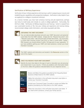 verification.of.Military.experience.
verification of your military experience and training is useful in preparing your resume and
establishing your capabilities with prospective employers. verification is also helpful if you
                                                                                                      34
are applying to a college or vocational institution.
as a service member, you have had numerous training and job experiences, perhaps




                                                                                                 eMPLoyMeNt.aNd.Career.GoaLS
too many to recall easily and include on a job or college application. Fortunately, the
DD Form 2586, “verification of military experience and Training,” which is created from
your automated records on file, lists your military job experience and training history,
recommended college credit information, and civilian equivalent job titles.


          oBtaiNiNG.the.vMet.doCuMeNt
          You can electronically download and print your vmeT document and personal
          cover letter from the vmeT website. simply click the “request Document” and
          “request cover Letter,” tabs and print each of these documents. You must have
          a current DoD common access card (cac) or have a current DFas “myPay”
          Pin; however, you should retrieve it within 120 days prior to your separation. if
          you have problems getting your vmeT and need assistance, contact your local
          Transition counselor.



          The vmeT website and instructions are located in the resources section at the
          end of this chapter.



          oNCe.you.reCeive.your.vMet.doCuMeNt
          identify the items that relate to the type of work or education you are pursuing
          and include them in your resume. if there are problems with information listed
          on the form, follow the guidance indicated below for your respective service.



                      review and follow the guidance provided by the Frequently asked
          army
                      Questions (FaQs) listed on the vmeT website.

          air         Follow the instructions in the verification document cover letter or
          force       contact your Transition counselor.

                      contact your command career counselor or review and follow the
          navy
                      guidance provided by the FaQs listed on the vmeT website.

          Marine      Follow the instructions in the verification document cover letter. if
          Corps       you need further assistance, contact your Family services.
 