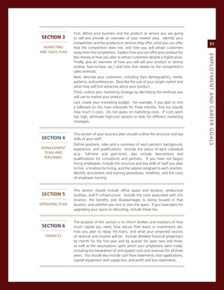 First, define your business and the product or service you are going
 seCTIon 3       to sell and provide an overview of your market area. identify your
                 competition and the products or services they offer, what you can offer            51
  marKeTing      that the competition does not, and how you will attract customers
anD saLes PLan   away from the competition. explain how you can offer your product for




                                                                                               eMPLoyMeNt.aNd.Career.GoaLS
                 less money or how you plan to attract customers despite a higher price.
                 Finally, give an overview of how you will sell your product or service
                 (online, face-to-face, etc.) and how that relates to the competition’s
                 sales methods.
                 next, describe your customers, including their demographics, needs,
                 patterns, and preferences. Describe the size of your target market and
                 what they will find attractive about your product.
                 Third, outline your marketing strategy by identifying the methods you
                 will use to market your product.
                 Last, create your marketing budget. For example, if you plan to rent
                 a billboard on the main interstate for three months, find out exactly
                 how much it costs. Do not guess on marketing costs. if costs seem
                 too high, eliminate high-cost options or look for different marketing
                 strategies.


                 This section of your business plan should outline the structure and key
 seCTIon 4       skills of your staff.
                 Define positions, roles and a summary of each person’s background,
managemenT       experience, and qualifications. include the status of each individual
 Team anD        (e.g., full-time and part-time); also include descriptions and
 PersonneL       qualifications for consultants and partners. if you have not begun
                 hiring employees, include the structure and key skills of staff you plan
                 to hire, a timeline for hiring, and the salaries assigned to each position.
                 identify recruitment and training procedures, timelines, and the costs
                 of employee training.


                 This section should include office space and location, production
 seCTIon 5       facilities, and iT infrastructure. include the costs associated with this
                 location, the benefits and disadvantages to being housed in that
oPeraTing PLan   location, and whether you rent or own the space. if you have plans for
                 upgrading your space or relocating, include those too.


                 The purpose of this section is to inform lenders and investors of how
 seCTIon 6       much capital you need, how secure their loans or investments are,
                 how you plan to repay the loans, and what your projected sources
  Finances       of revenue and income will be. include detailed financial projections
                 by month for the first year and by quarter for years two and three,
                 as well as the assumptions upon which your projections were made,
                 including the breakdown of anticipated costs and revenues for all three
                 years. You should also include cash flow statements, loan applications,
                 capital equipment and supply lists, and profit and loss statements.
 