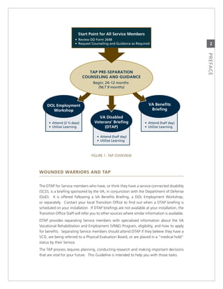 Start Point for All Service Members
                       • Review DD Form 2648
                       • Request Counseling and Guidance as Required                                2




                                                                                                  PrefaCe
                               TAP PRE-SEPARATION
                            COUNSELING AND GUIDANCE
                                   Begin: 24–12 months
                                      (NLT 9 months)




     DOL Employment                                                    VA Beneﬁts
       Workshop                                                         Brieﬁng
                                      VA Disabled
      • Attend (2 ½ days)           Veterans’ Brieﬁng                • Attend (half day)
      • Utilize Learning                 (DTAP)                      • Utilize Learning

                                      • Attend (half day)
                                      • Utilize Learning



                                  FigUre 1. TaP overvieW



Wounded WarrIors and TaP


The DTaP for service members who have, or think they have a service-connected disability
(scD), is a briefing sponsored by the va, in conjunction with the Department of Defense
(DoD). it is offered following a va Benefits Briefing, a DoL employment Workshop,
or separately. contact your local Transition office to find out when a DTaP briefing is
scheduled on your installation. if DTaP briefings are not available at your installation, the
Transition office staff will refer you to other sources where similar information is available.
DTaP provides separating service members with specialized information about the va
vocational rehabilitation and employment (vr&e) Program, eligibility, and how to apply
for benefits. separating service members should attend DTaP if they believe they have a
scD, are being referred to a Physical evaluation Board, or are placed in a “medical hold”
status by their service.
The TaP process requires planning, conducting research and making important decisions
that are vital for your future. This guideline is intended to help you with those tasks.
 