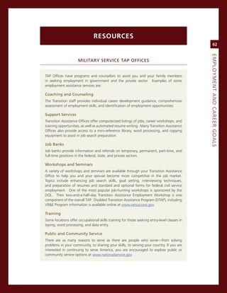 resourCes
                                                                                                  62




                                                                                             eMPLoyMeNt.aNd.Career.GoaLS
                     MiLitary.ServiCe.taP.offiCeS


TaP offices have programs and counselors to assist you and your family members
in seeking employment in government and the private sector. examples of some
employment assistance services are:

Coaching.and.Counseling
The Transition staff provides individual career development guidance, comprehensive
assessment of employment skills, and identification of employment opportunities.

Support.Services
Transition assistance offices offer computerized listings of jobs, career workshops, and
training opportunities, as well as automated resume writing. many Transition assistance
offices also provide access to a mini-reference library, word processing, and copying
equipment to assist in job search preparation.

Job.Banks
Job banks provide information and referrals on temporary, permanent, part-time, and
full-time positions in the federal, state, and private sectors.

Workshops.and.Seminars
a variety of workshops and seminars are available through your Transition assistance
office to help you and your spouse become more competitive in the job market.
Topics include enhancing job search skills, goal setting, interviewing techniques,
and preparation of resumes and standard and optional forms for federal civil service
employment. one of the most popular job-hunting workshops is sponsored by the
DoL. Their two-and-a-half-day Transition assistance employment Workshop is one
component of the overall TaP. Disabled Transition assistance Program (DTaP), including
vr&e Program information is available online at www.vetsuccess.gov.

training
some locations offer occupational skills training for those seeking entry-level classes in
typing, word processing, and data entry.

Public.and.Community.Service
There are as many reasons to serve as there are people who serve—from solving
problems in your community, to sharing your skills, to serving your country. if you are
interested in continuing to serve america, you are encouraged to explore public or
community service options at www.nationalservice.gov.
 