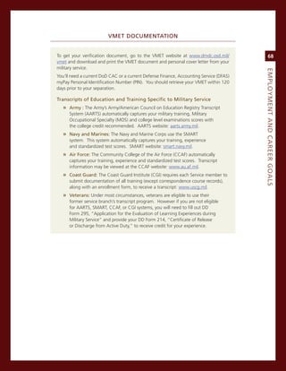 vMet.doCuMeNtatioN


To get your verification document, go to the vmeT website at www.dmdc.osd.mil/               68
vmet and download and print the vmeT document and personal cover letter from your
military service.




                                                                                        eMPLoyMeNt.aNd.Career.GoaLS
You’ll need a current DoD cac or a current Defense Finance, accounting service (DFas)
myPay Personal identification number (Pin). You should retrieve your vmeT within 120
days prior to your separation.

transcripts.of.education.and.training.Specific.to.Military.Service.
   » army.:.The army’s army/american council on education registry Transcript
      system (aarTs) automatically captures your military training, military
      occupational specialty (mos) and college level examinations scores with
      the college credit recommended. aarTs website: aarts.army.mil.
   » Navy.and.Marines:.The navy and marine corps use the smarT
      system. This system automatically captures your training, experience
      and standardized test scores. smarT website: smart.navy.mil.
   » air.force:.The community college of the air Force (ccaF) automatically
      captures your training, experience and standardized test scores. Transcript
      information may be viewed at the ccaF website: www.au.af.mil.
   » Coast.Guard:.The coast guard institute (cgi) requires each service member to
      submit documentation of all training (except correspondence course records),
      along with an enrollment form, to receive a transcript: www.uscg.mil.
   » veterans:.Under most circumstances, veterans are eligible to use their
      former service branch’s transcript program. However if you are not eligible
      for aarTs, smarT, ccaF, or cgi systems, you will need to fill out DD
      Form 295, “application for the evaluation of Learning experiences during
      military service” and provide your DD Form 214, “certificate of release
      or Discharge from active Duty,” to receive credit for your experience.
 