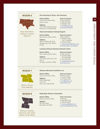 regIon 6            The university of Texas—Pan american

                        district office:              Point of Contact:
                        Lower rio grande valley       carlos gutierrez
                                                                                           74
                        District office               P: 956-292-7567
                                                      F: 956-665-7561




                                                                                      eMPLoyMeNt.aNd.Career.GoaLS
                        address:                      e: vboc@panam.edu
                        1201 West University Drive    www.utpa.edu/vboc
                        edinburg, TX 78539-2999

 Texas, new mexico,     veterans enterprise Training Program
 arkansas, Louisiana,
                        district office:              Point of Contact:
     oklahoma
                        new mexico District office    Lloyd calderon
                                                      P: 505-841-2956
                        address:                         1-877-708-0002
                        300 san mateo ne #106         F: 505-841-5560
                        albuquerque, new mexico       e: Lloyd.calderon@state.nm.us
                        87108                         www.dvs.state.nm.us/vetpro

                        louisiana veterans business outreach Center

                        district office:              Point of Contact:
                        new orleans District office   charles achane
                                                      P: 337-824-3900
                        address:                         337-296-8580
                        107 south Lake arthur ave.    F: 337-246-3334
                        suite 7                       e: swlabdc@charter.net
                        Jennings, Louisiana 70546     www.lvboc.com




    regIon 7            veterans advocacy foundation, Inc.

                        district office:              Point of Contact:
                        saint Louis District office   Darcella craven
                                                      P: 314-531-8387
                        address:                      F: 877-825-4190
                        4236 Lindell Blvd.            e: info@vetbiz.com
                        suite 102                     www.vetbiz.com
                        saint Louis, mo 63108
  missouri, Kansas,
  iowa, nebraska



    regIon 8            rocky boys veteran’s association

                        district office:              Point of Contact:
                        montana District office       Judi Houle
                                                      P: 406-395-4728
                        address:                      F: 406-395-4503
                        96 clinic road                e: houle_judi@yahoo.com
                        Box elder, mT 59521           www.rockyboyveterans.org


 montana, colorado,
Wyoming, Utah, north
Dakota, south Dakota
 