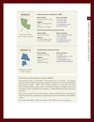 regIon 9                 vietnam veterans of California—vboC

                             district office:               Point of Contact:
                                                            coreena conley
                                                                                                   75
                             sacramento District office
                                                            P: 916-393-1690
                             address:                       F: 916-393-1693




                                                                                              eMPLoyMeNt.aNd.Career.GoaLS
                             7270 e. southgate Drive,       e: cconley@vboc-ca.org
                             suite 1                        www.vboc-ca.org
                             sacramento, ca 95823

                             guam veterans business outreach Center

                             district office:               Point of Contact:
 california, arizona,        guam District office           Frank crisostomo-Kaaihue
guam, Hawaii, nevada                                        P: 671-475-8392
                             address:                       F: 671-734-5362
                             172 south marine corps         e: frank@guamvboc.com
                             Dr. asan, guam 96910           www.guamvboc.com




   regIon 10                 seattle business assistance Center

                             district office:               Point of Contact:
                             seattle District office        Lynn Trepp
                                                            P: 206-324-4330, ext. 139
                             address:                       F: 206-324-4322
                             1437 s. Jackson st.            e: lynnt@seattleccd.com
                             suite 201                      seattleccd.com/drupal/vBoc
                             seattle, Wa 98144




 Washington, alaska,
   idaho, oregon



Small.Business.development.Centers.(SBdCs)
sBa provides funding, to 1,000 sBDcs in all 50 states and U.s. territories. This program
provides a broad range of specialized management assistance to current and prospective
small business owners. sBDcs offer one-stop assistance to individuals and small
businesses by providing a wide variety of information, guidance, linkages, training and
counseling in easily accessible branch locations, usually affiliated with local educational
institutions.
sBDc services include, but are not limited to, assisting small businesses with financial,
marketing, production, organization, engineering and technical problems, and feasibility
studies.
To find your local sBDc, contact your district office vBDo or visit: www.sba.gov.
 