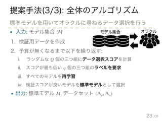/31
提案手法(3/3): 全体のアルゴリズム
■ 入力: モデル集合 M
1. 検証用データを作成
2. 予算が無くなるまで以下を繰り返す:
i. ランダムな Q 個の三つ組にデータ選択スコアを計算
ii. スコアが最も低い q 個の三つ組のラベルを要求
iii. すべてのモデルを再学習
iv. 検証スコアが良いモデルを標準モデルとして選択
■ 出力: 標準モデル M, データセット (Δp, Δn)
23
標準モデルを用いてオラクルに尋ねるデータ選択を行う
モデル集合 オラクル
 