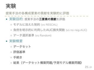 /31
実験
■ 実験目的: 提案手法の三要素の貢献を評価
□ モデルに加えた制約 (vs RESCAL)
□ 負例を明示的に利用したAUC損失関数 (vs no neg-AUC)
□ データ選択基準 (vs Random)
■ 実験概要
□ データセット
□ 評価基準
□ 手続き
□ 結果（データセット構築問題/予測モデル構築問題）
25
提案手法の各構成要素の貢献を実験的に評価
 