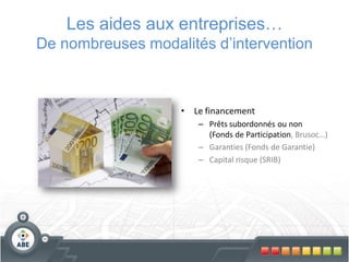Les aides aux entreprises…
De nombreuses modalités d’intervention



                   • Le financement
                      – Prêts subordonnés ou non
                        (Fonds de Participation, Brusoc…)
                      – Garanties (Fonds de Garantie)
                      – Capital risque (SRIB)
 