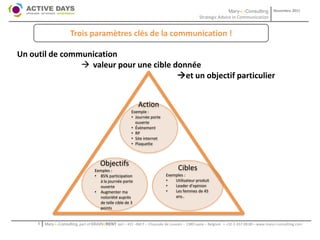 Mary-L-Consulting            Novembre 2011
                                                                                                Strategic Advice in Communication


                       Trois paramètres clés de la communication !

Un outil de communication
                 valeur pour une cible donnée
                                         et un objectif particulier


                                                              Action
                                                          Exemple :
                                                          • Journée porte
                                                            ouverte
                                                          • Événement
                                                          • RP
                                                          • Site internet
                                                          • Plaquette



                                        Objectifs
                                     Eemples :                                      Cibles
                                     • 85% participation                     Exemples :
                                       à la journée porte                    •   Utilisateur produit
                                       ouverte                               •   Leader d’opinion
                                     • Augmenter ma                          •   Les femmes de 45
                                       notoriété auprès                          ans..
                                       de telle cible de 3
                                       points


     1   Mary-L-Consulting, part of BRAIN2RENT sprl – 431 –Bât F – Chaussée de Louvain – 1380 Lasne – Belgium   - +32-2-357.08.00 – www.mary-l-consulting.com
 