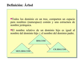 Definición:  Árbol Todos los dominio en un tree, comparten un espacio para nombres (namespace) común y una estructura de nombre jerárquica.  E l nombre relativo de  un  dominio hijo  es igual al nombre del dominio hijo +  el nombre del dominio padre. IBM.COM MEX.IBM.COM CR.IBM.COM 