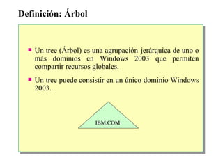 Definición:  Árbol Un  tree  (Árbol) es una agrupación   jerárquica de uno o más dominios en Windows 2003 que permiten compartir recursos globales. Un tree puede consistir en un único dominio Windows 2003.  IBM.COM 