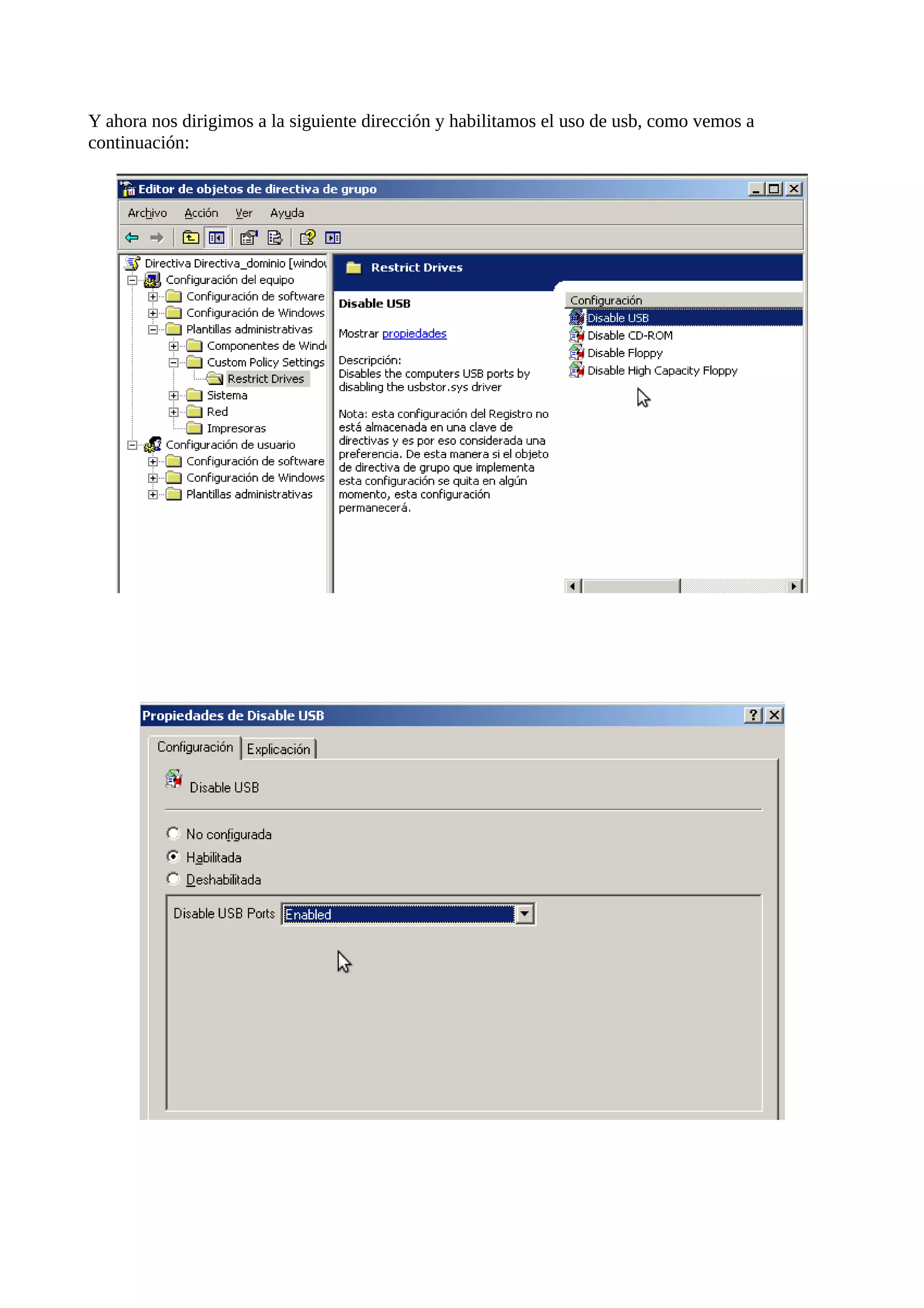 Y ahora nos dirigimos a la siguiente dirección y habilitamos el uso de usb, como vemos a
continuación:
 