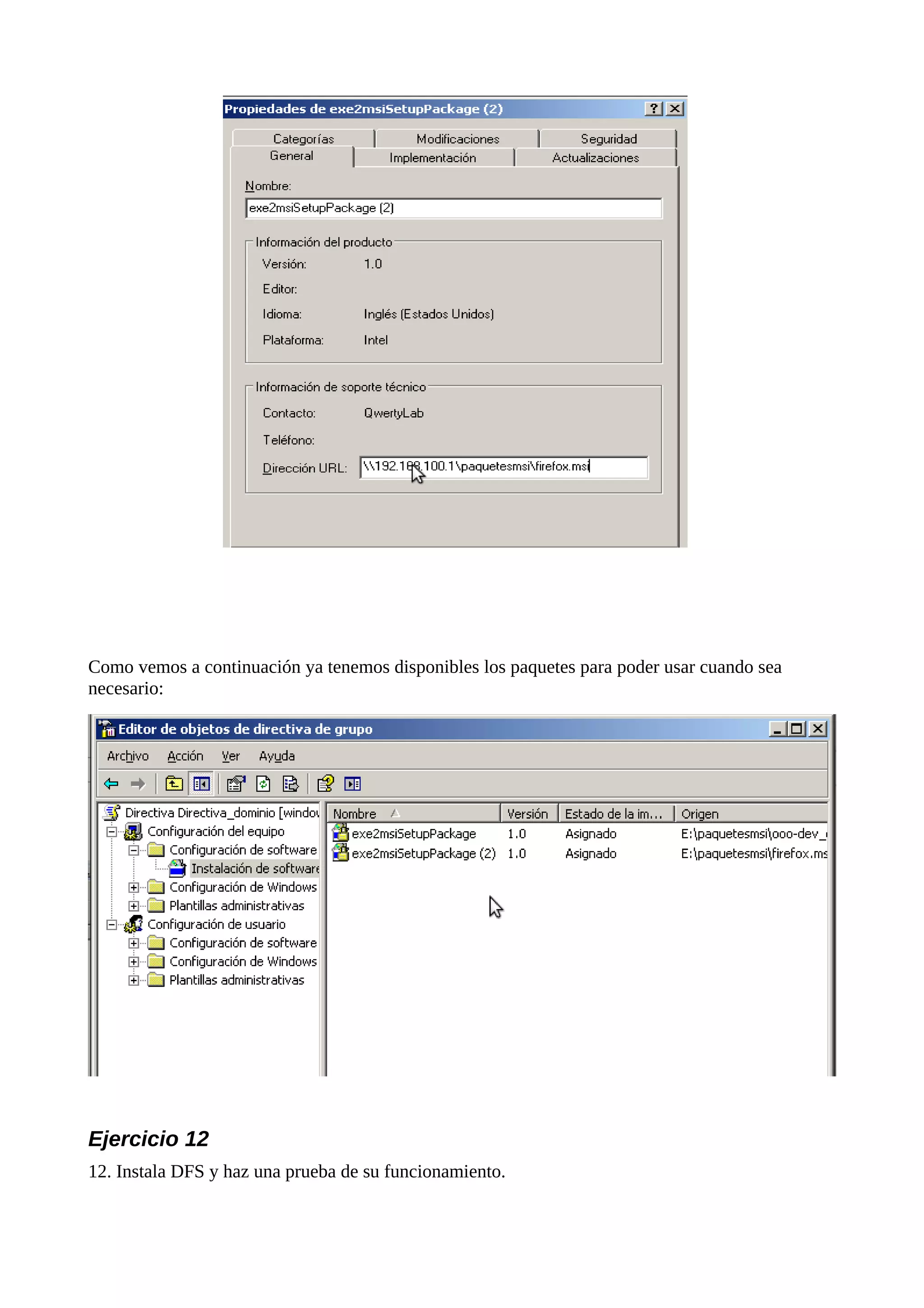 Como vemos a continuación ya tenemos disponibles los paquetes para poder usar cuando sea
necesario:




Ejercicio 12
12. Instala DFS y haz una prueba de su funcionamiento.
 